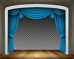 Blue Curtain of Classical Theater with Wood Floor on Pattern Background, Vector Illustration