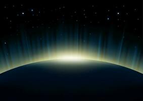 Rising Sun On Earth With Aurora Glowing Background, Vector Illustration