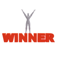 3d illustration of success person standing on the word winner. 3d rendering of human people character, suitable for presentation. png