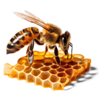 Honey bee in honeycomb on transparent background. bee walking on honey comb, background cutout, generative ai png