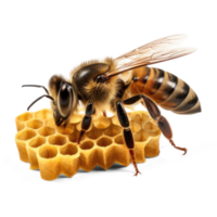 Honey bee in honeycomb on transparent background. bee walking on honey comb, background cutout, generative ai png