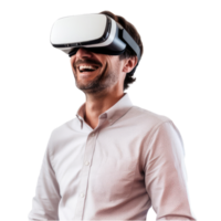 Mens vervelend een vr hoofdtelefoon. vr virtueel realiteit koptelefoon stofbril versleten door bedrijf Mens 3d geïsoleerd Aan transparant achtergrond. generatief ai png