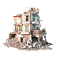 Destroyed building after earthquake isolated on transparent background - Demolished building. png