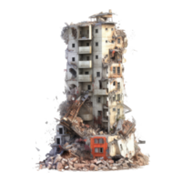 Destroyed skyscraper after earthquake isolated on transparent background - collapsed building with debris png