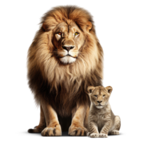 Majestic Male Lion Protectively Embracing Playful Cub, Isolated on Transparent Background. Powerful Lion Bond png