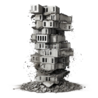 Destroyed skyscraper after earthquake isolated on transparent background - collapsed building with debris png