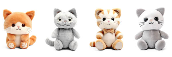 Stuffed kitten toys set isolated on transparent background. Fluffy soft cat toys png