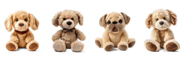 Stuffed dog toys set isolated on transparent background. Fluffy soft puppy toys png