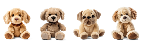 farci chien jouets ensemble isolé sur transparent Contexte. duveteux doux chiot jouets génératif ai png