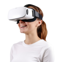 femme portant une vr casque. vr virtuel réalité casque des lunettes de protection usé par femme 3d isolé sur transparent Contexte. génératif ai png