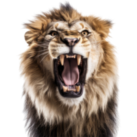 une Masculin Lion est rugissement, isolé sur une transparent Contexte. puissant fort Lion rugir génératif ai png