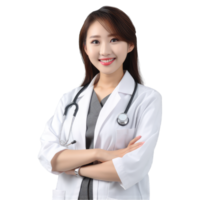 asiatico giovane donna medico con stetoscopio nel uniforme sorridente isolato su trasparente png, medico concetto generativo ai png