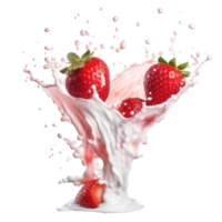 milk splash with strawberries isolated on transparent background. strawberries with splash effect isolated png