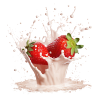 milk splash with strawberries isolated on transparent background. strawberries with splash effect isolated png