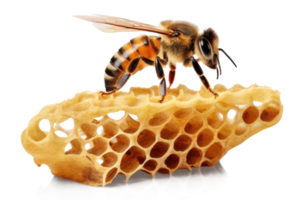 Honey bee in honeycomb on transparent background. bee walking on honey comb, background cutout, generative ai png