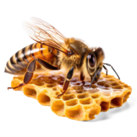 Honey bee in honeycomb on transparent background. bee walking on honey comb, background cutout, generative ai png