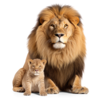 majestueux Masculin Lion de manière protectrice embrassement espiègle lionceau, isolé sur transparent Contexte. puissant Lion liaison génératif ai png