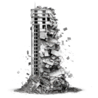 Destroyed skyscraper after earthquake isolated on transparent background - collapsed building with debris png