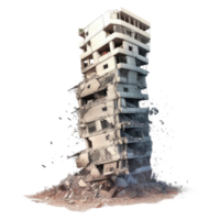 Destroyed skyscraper after earthquake isolated on transparent background - collapsed building with debris png