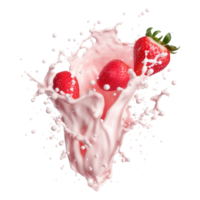 milk splash with strawberries isolated on transparent background. milky liquid splashes isolated png