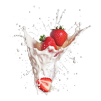 milk splash with strawberries isolated on transparent background. milky liquid splashes isolated png