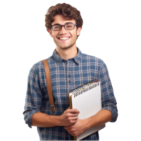 une content, souriant Jeune Université étudiant avec une livre dans main, isolé sur une transparent Contexte. génératif ai png