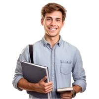 A happy, smiling young college student with a book in hand, isolated on a transparent background. generative ai png