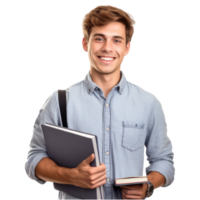 A happy, smiling young college student with a book in hand, isolated on a transparent background. generative ai png