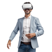 Mann tragen ein vr Headset. vr virtuell Wirklichkeit Headset Brille getragen durch Geschäft Mann 3d isoliert auf transparent Hintergrund. generativ ai png