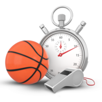 3d interpretazione pallacanestro sfera, argento fischio e cronometro png