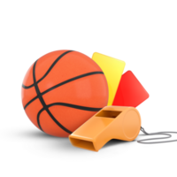 3d Renderização basquetebol bola, apito com vermelho e amarelo cartões png