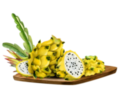 Yellow whole dragon fruit and slices on wooden board with cactus leaves watercolor illustration. Exotic pitahaya botanical for vegetarian exotic menus, summer juice bars png