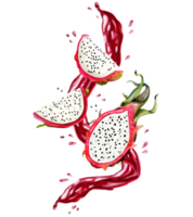 Dragon fruit slices and juice levitation with watercolor splashes and blots hand drawn illustration. Juicy delicious summer food clipart for restaurant, menu, cocktails png