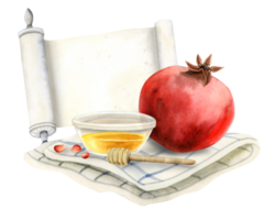 Pomegranate, honey, Torah scroll and honey dipper spoon on tea towel for Rosh Hashanah and Yom Kippur holidays greeting template watercolor illustration png