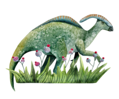 Parasaurolophus dinosaur on grass with fantasy flowers landscape watercolor illustration. Hand drawn detailed and artistic dino animal clipart from prehistoric era png