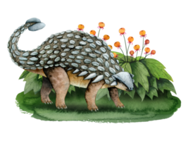 Ankylosaurus dinosaur on green grass with fantasy bushes with flowers landscape watercolor illustration. Hand drawn detailed prehistoric animal clipart from Mesozoic era png