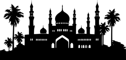Mosque with minaret and palm tree silhouette png