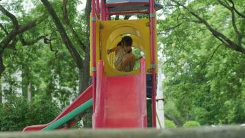 Lycklig flicka har roligt på färgrik rutschbanor. barn spelar diabilder på utomhus- lekplats i parkera under sommar semester. friska aktivitet. video