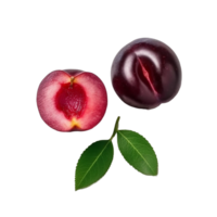Top view of two plums one full one cut in half with transparent background png
