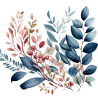 rougir et bleu feuilles fleurs aquarelle ai généré png