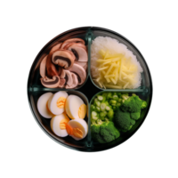 Food container , A round transparent glass container divided into food png