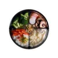 voedsel houder png, een ronde transparant glas houder verdeeld in voedsel ai gegenereerd png