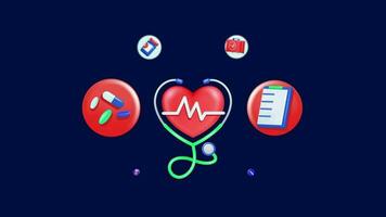 3d animation medical equipment icon and heartbeat stethoscope checking medical doctor concept. Health and Fitness. Perfect for presentations and elements video
