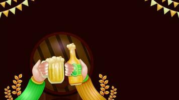 Bottles and mugs of frothy beer clink, off two sweater sleeves, with a tank of beer in the background. Party in the pub. 3d vector animation, perfect for events video