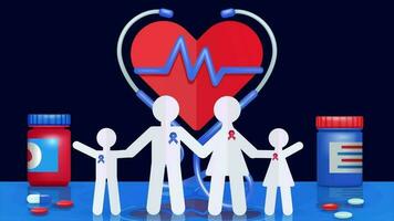 familj i papper skära form, med medicinsk stetoskop och hjärtslag bakgrund. 3d vektor animering hälsa försäkring begrepp video