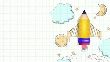 3d animation vector yellow pencil with rocket theme flying on paper, hand drawn decoration of clouds, planets and stars. Suitable for business and education video