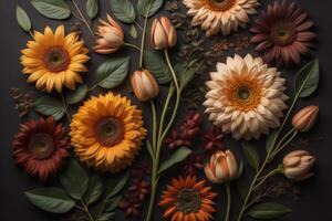 Autumn flowers and leaves on black background. Flat lay, top view. photo