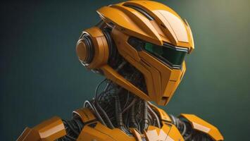 robot in orange helmet on dark green background, future technology concept. photo