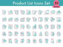 plano estilo producto lista icono conjunto en verde azulado y rosado color. vector