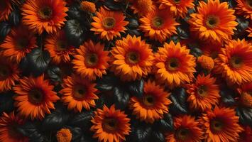 Orange gerbera flowers and black leaves as a background. Top view. photo